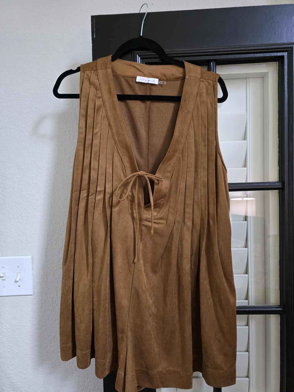 Suede-Look Tie Front Pleated Tank Top - Camel Brown Romper